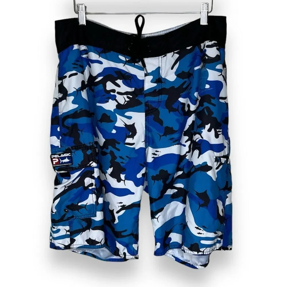 Pelagic Fish Camo Board Short White Black Blue Swim Surf SUP Men Size 34 FLAW